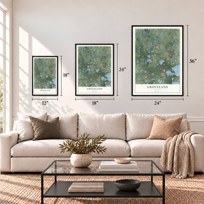Groveland, Florida map in 12 x 18, 18 x 24 and 24 x 36 inch sizes above a sofa