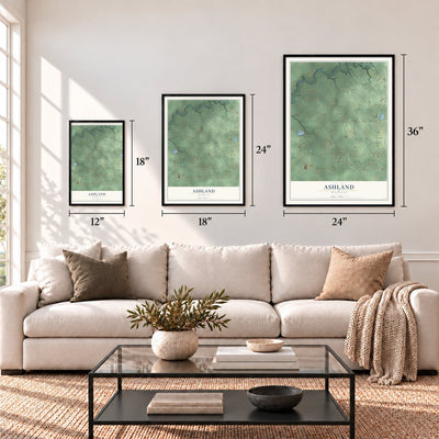 Ashland, Michigan map in 12 x 18, 18 x 24 and 24 x 36 inch sizes above a sofa