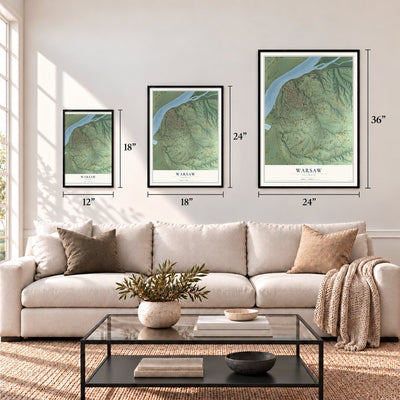 Warsaw, Illinois map in 12 x 18, 18 x 24 and 24 x 36 inch sizes above a sofa