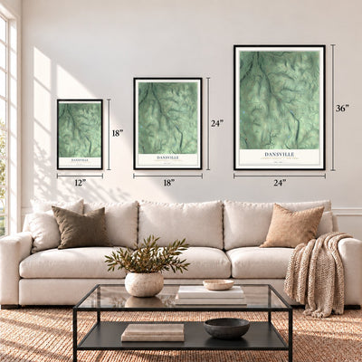 Dansville, Steuben County, New York map in 12 x 18, 18 x 24 and 24 x 36 inch sizes above a sofa