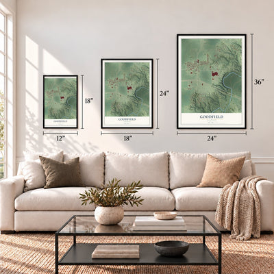 Goodfield, Illinois map in 12 x 18, 18 x 24 and 24 x 36 inch sizes above a sofa