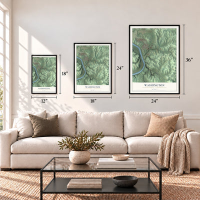 Washington, Fayette County, Pennsylvania map in 12 x 18, 18 x 24 and 24 x 36 inch sizes above a sofa