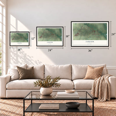Fairview, Texas map in 12 x 18, 18 x 24 and 24 x 36 inch sizes above a sofa