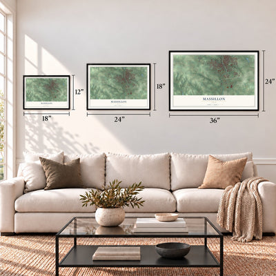 Massillon, Ohio map in 12 x 18, 18 x 24 and 24 x 36 inch sizes above a sofa