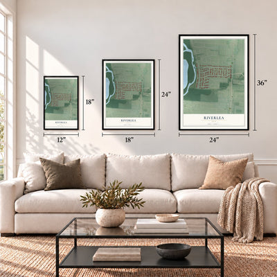 Riverlea, Ohio map in 12 x 18, 18 x 24 and 24 x 36 inch sizes above a sofa