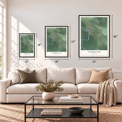 Courtland, Virginia map in 12 x 18, 18 x 24 and 24 x 36 inch sizes above a sofa