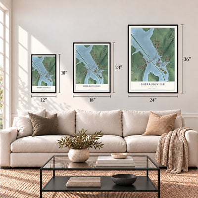 Sherrodsville, Ohio map in 12 x 18, 18 x 24 and 24 x 36 inch sizes above a sofa