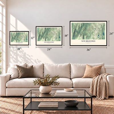 New Braintree, Massachusetts map in 12 x 18, 18 x 24 and 24 x 36 inch sizes above a sofa