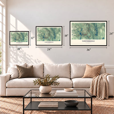 Northbridge, Massachusetts map in 12 x 18, 18 x 24 and 24 x 36 inch sizes above a sofa
