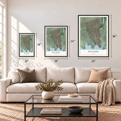 Bellmore, New York map in 12 x 18, 18 x 24 and 24 x 36 inch sizes above a sofa