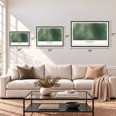 Dendron, Virginia map in 12 x 18, 18 x 24 and 24 x 36 inch sizes above a sofa