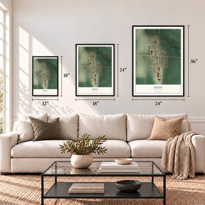Ulen, Minnesota map in 12 x 18, 18 x 24 and 24 x 36 inch sizes above a sofa