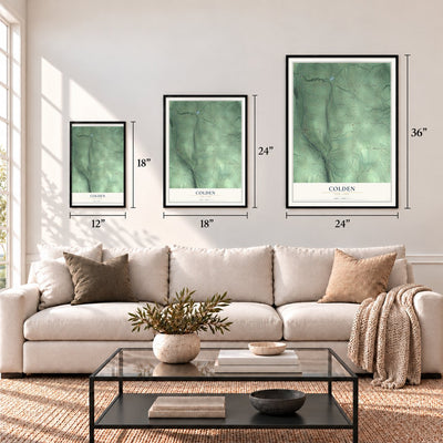 Colden, New York map in 12 x 18, 18 x 24 and 24 x 36 inch sizes above a sofa