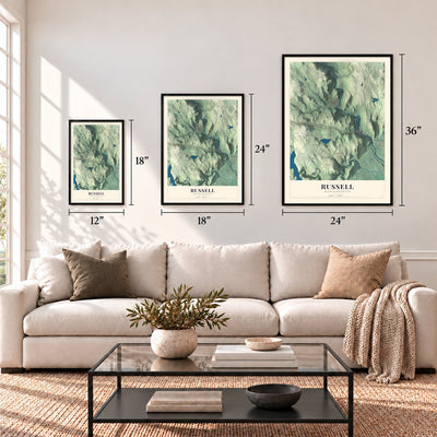 Russell, Massachusetts map in 12 x 18, 18 x 24 and 24 x 36 inch sizes above a sofa