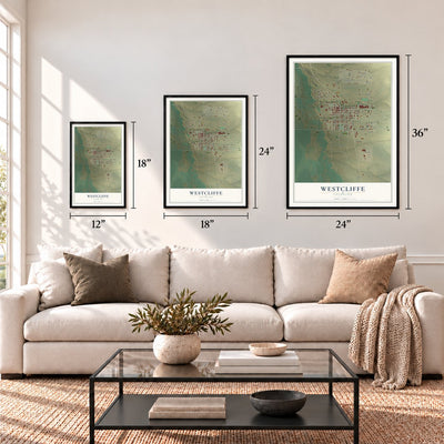 Westcliffe, Colorado map in 12 x 18, 18 x 24 and 24 x 36 inch sizes above a sofa