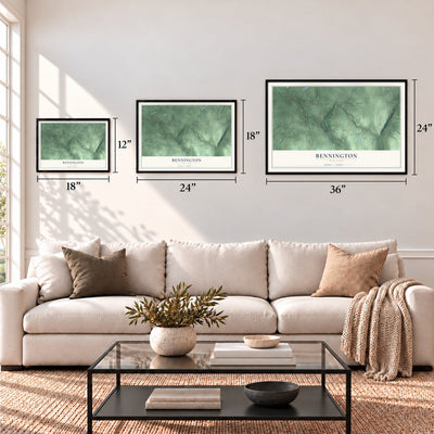 Bennington, New York map in 12 x 18, 18 x 24 and 24 x 36 inch sizes above a sofa