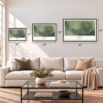 Obion, Tennessee map in 12 x 18, 18 x 24 and 24 x 36 inch sizes above a sofa