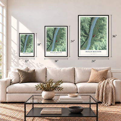 Beech Bottom, West Virginia map in 12 x 18, 18 x 24 and 24 x 36 inch sizes above a sofa