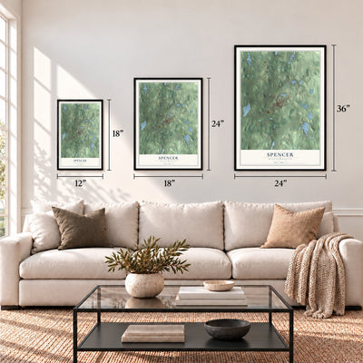 Spencer, Massachusetts map in 12 x 18, 18 x 24 and 24 x 36 inch sizes above a sofa