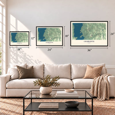 Charlotte, Vermont map in 12 x 18, 18 x 24 and 24 x 36 inch sizes above a sofa