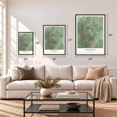 Monument, Colorado map in 12 x 18, 18 x 24 and 24 x 36 inch sizes above a sofa