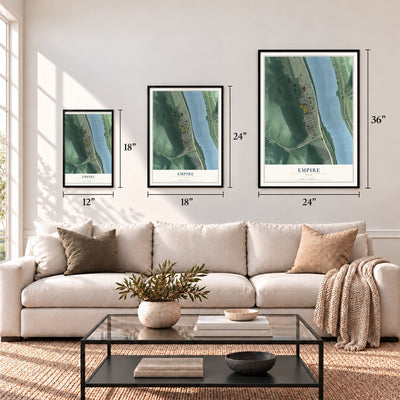 Empire, Ohio map in 12 x 18, 18 x 24 and 24 x 36 inch sizes above a sofa