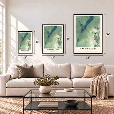 Warren's Gore, Vermont map in 12 x 18, 18 x 24 and 24 x 36 inch sizes above a sofa