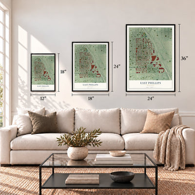 East Phillips, Minnesota map in 12 x 18, 18 x 24 and 24 x 36 inch sizes above a sofa