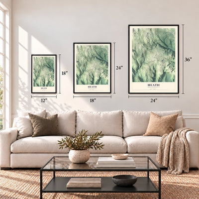 Heath, Massachusetts map in 12 x 18, 18 x 24 and 24 x 36 inch sizes above a sofa