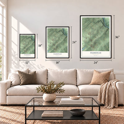 Plumstead, Pennsylvania map in 12 x 18, 18 x 24 and 24 x 36 inch sizes above a sofa