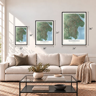 Woodbridge, Virginia map in 12 x 18, 18 x 24 and 24 x 36 inch sizes above a sofa