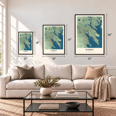 Marion, Massachusetts map in 12 x 18, 18 x 24 and 24 x 36 inch sizes above a sofa