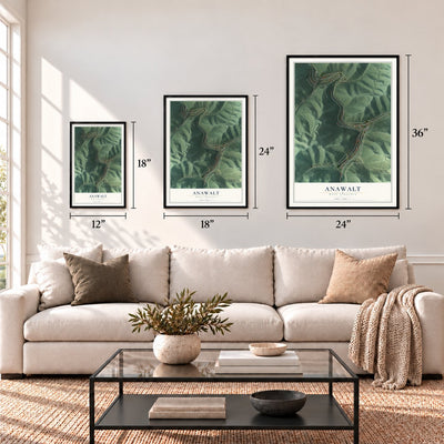 Anawalt, West Virginia map in 12 x 18, 18 x 24 and 24 x 36 inch sizes above a sofa