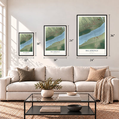 Big Springs, Nebraska map in 12 x 18, 18 x 24 and 24 x 36 inch sizes above a sofa