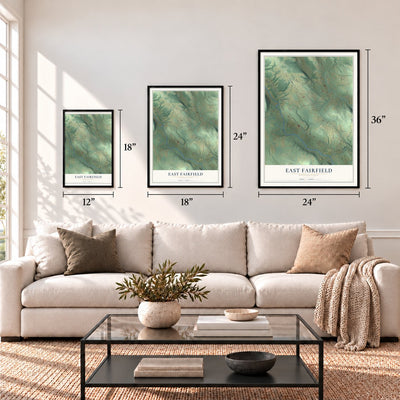 East Fairfield, Pennsylvania map in 12 x 18, 18 x 24 and 24 x 36 inch sizes above a sofa