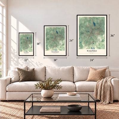 Walpole, Massachusetts map in 12 x 18, 18 x 24 and 24 x 36 inch sizes above a sofa
