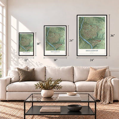 Shenandoah, Virginia map in 12 x 18, 18 x 24 and 24 x 36 inch sizes above a sofa