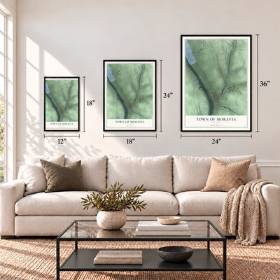 Town of Moravia, New York map in 12 x 18, 18 x 24 and 24 x 36 inch sizes above a sofa