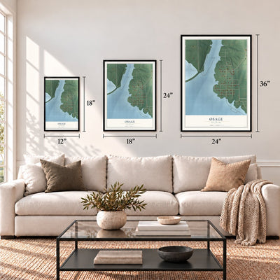 Osage, Oklahoma map in 12 x 18, 18 x 24 and 24 x 36 inch sizes above a sofa