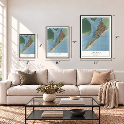 Longport, New Jersey map in 12 x 18, 18 x 24 and 24 x 36 inch sizes above a sofa