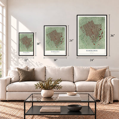 Hamtramck, Michigan map in 12 x 18, 18 x 24 and 24 x 36 inch sizes above a sofa