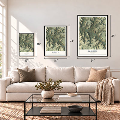 Roulette, Pennsylvania map in 12 x 18, 18 x 24 and 24 x 36 inch sizes above a sofa