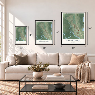 Rose Hill Acres, Texas map in 12 x 18, 18 x 24 and 24 x 36 inch sizes above a sofa