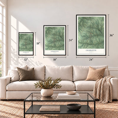 Charlotte, Tennessee map in 12 x 18, 18 x 24 and 24 x 36 inch sizes above a sofa
