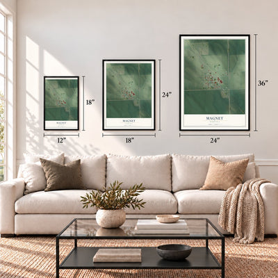 Magnet, Nebraska map in 12 x 18, 18 x 24 and 24 x 36 inch sizes above a sofa
