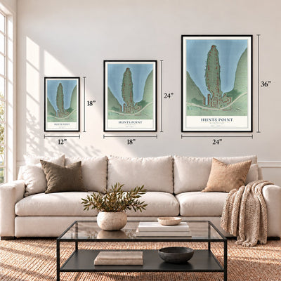 Hunts Point, Washington map in 12 x 18, 18 x 24 and 24 x 36 inch sizes above a sofa