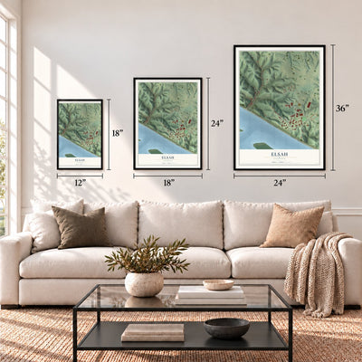 Elsah, Illinois map in 12 x 18, 18 x 24 and 24 x 36 inch sizes above a sofa
