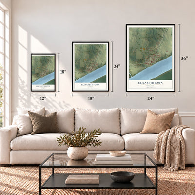 Elizabethtown, Illinois map in 12 x 18, 18 x 24 and 24 x 36 inch sizes above a sofa