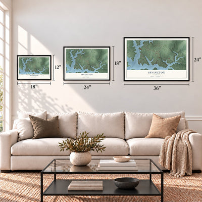 Irvington, Virginia map in 12 x 18, 18 x 24 and 24 x 36 inch sizes above a sofa