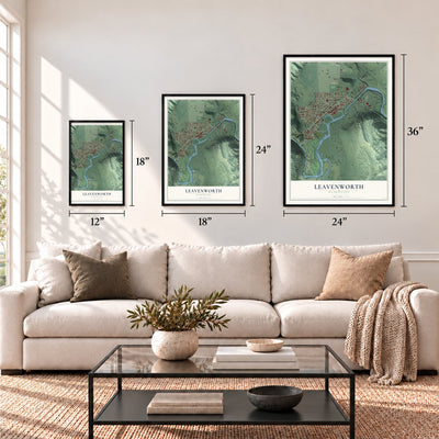 Leavenworth, Washington map in 12 x 18, 18 x 24 and 24 x 36 inch sizes above a sofa